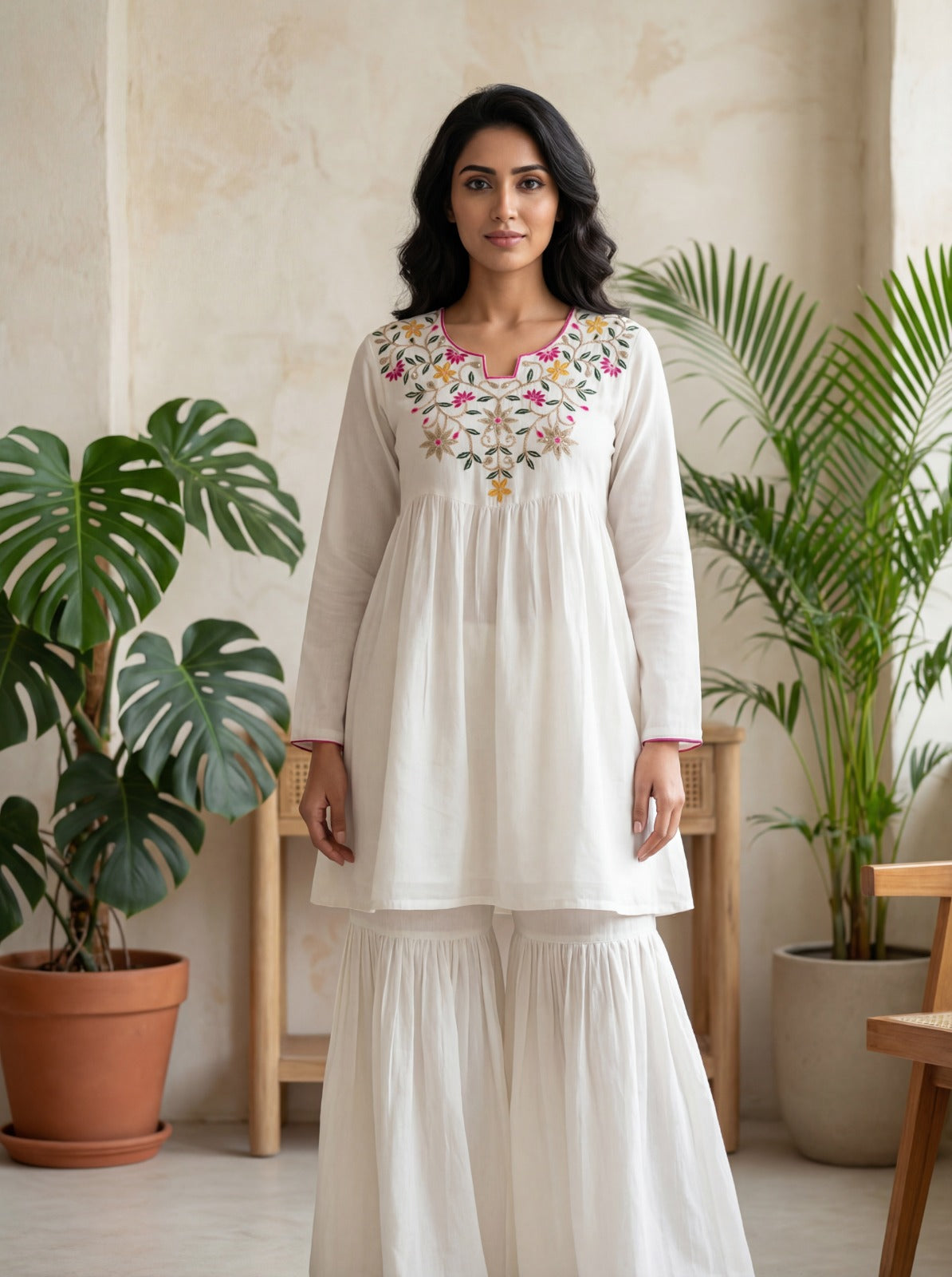 White Embroidered Kurta Palazzo Set with Sharara Pants
