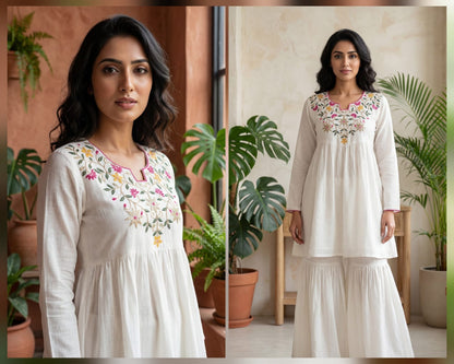 White Embroidered Kurta Palazzo Set with Sharara Pants