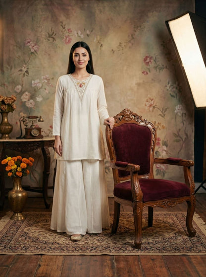 White Vichitra Silk Salwar Suit Party Wear Co-Ord Set