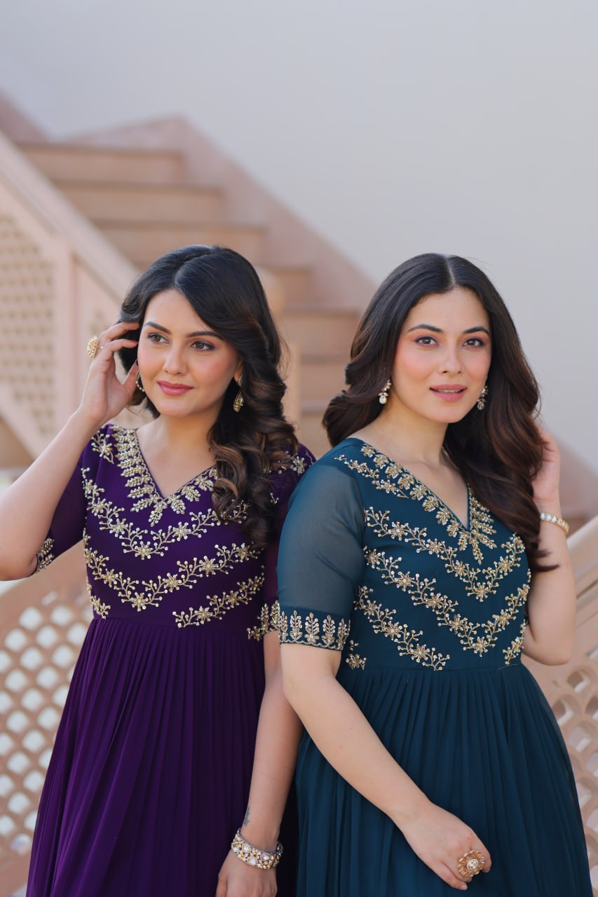 Designer Anarkali Gown with Sequins and Bead Embroidery