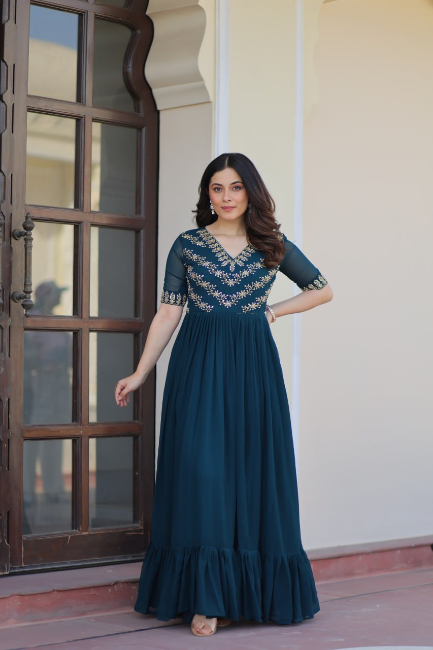 Designer Anarkali Gown with Sequins and Bead Embroidery