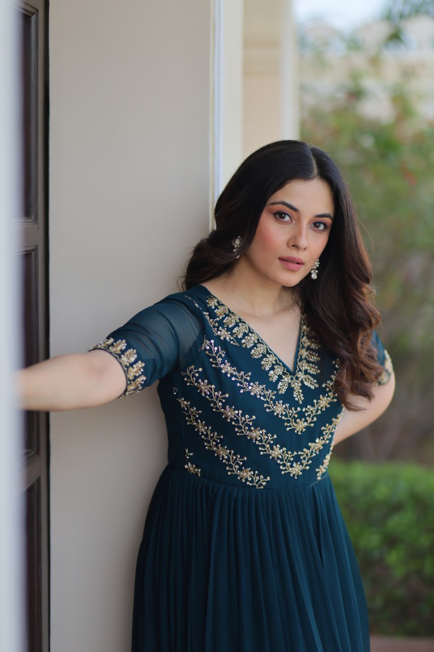 Designer Anarkali Gown with Sequins and Bead Embroidery