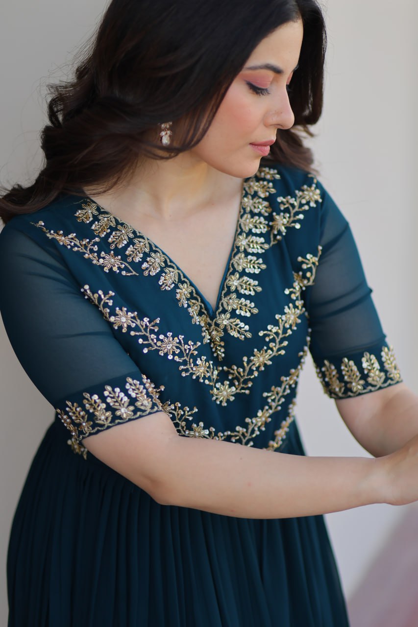 Designer Anarkali Gown with Sequins and Bead Embroidery