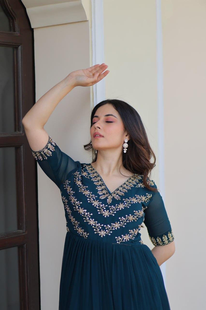 Designer Anarkali Gown with Sequins and Bead Embroidery