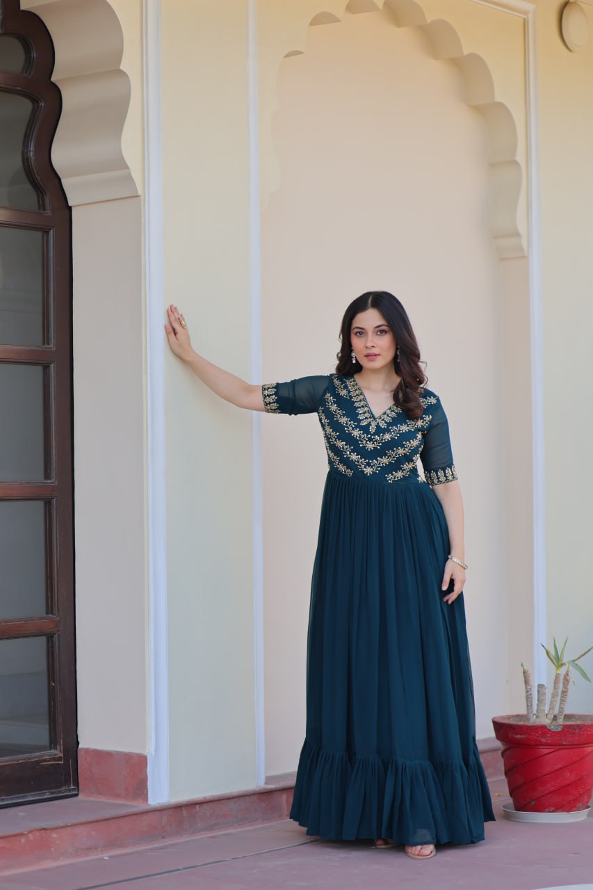Designer Anarkali Gown with Sequins and Bead Embroidery