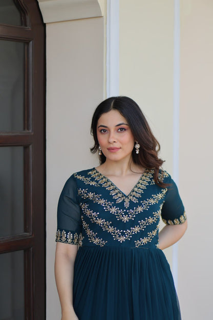Designer Anarkali Gown with Sequins and Bead Embroidery