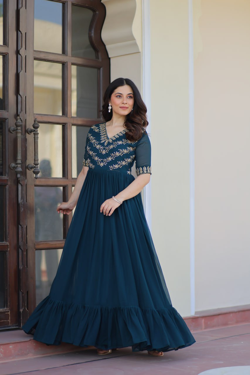 Designer Anarkali Gown with Sequins and Bead Embroidery