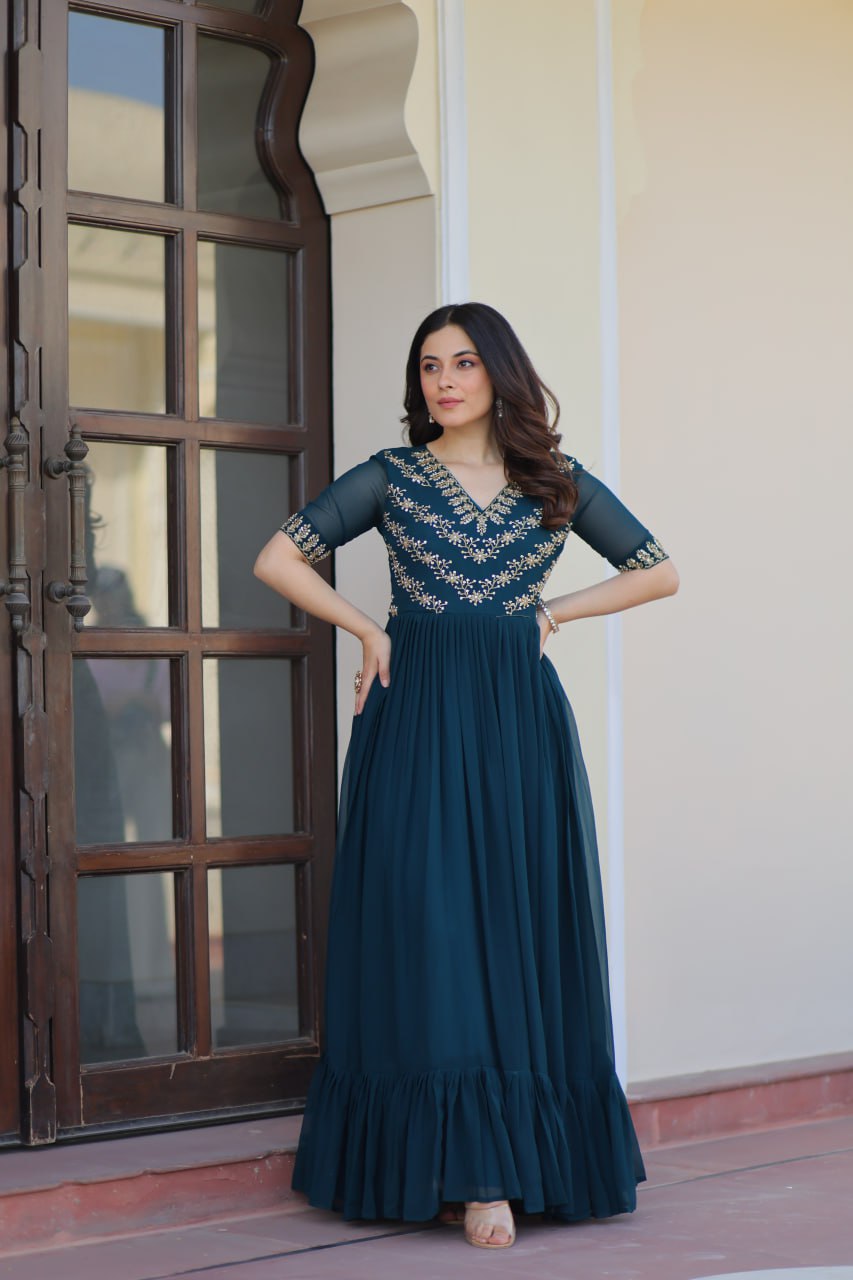Designer Anarkali Gown with Sequins and Bead Embroidery