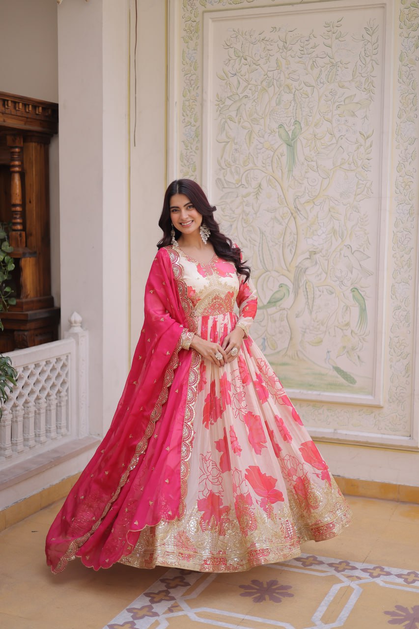 Pink Floral Russian Silk Anarkali Suit for Women