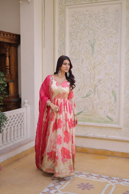 Pink Floral Russian Silk Anarkali Suit for Women