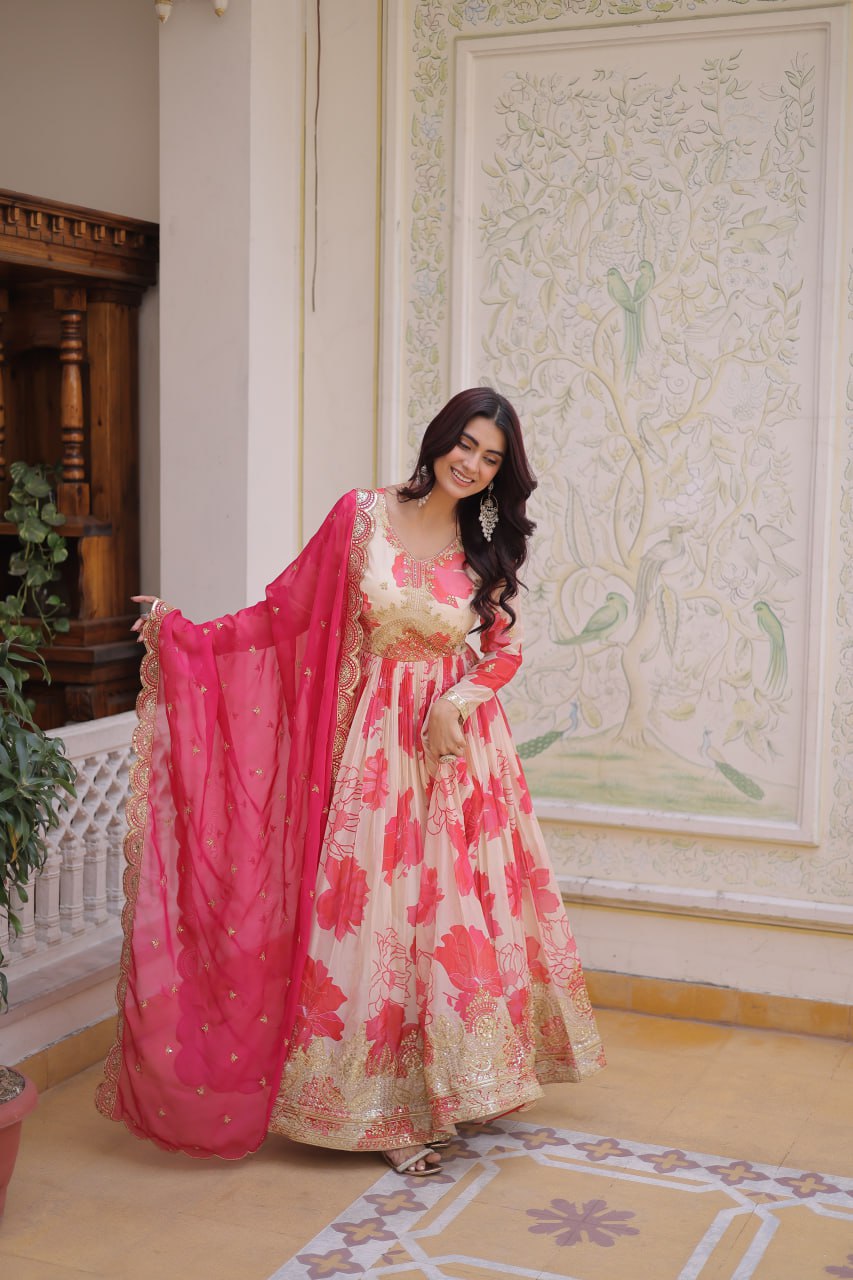 Pink Floral Russian Silk Anarkali Suit for Women