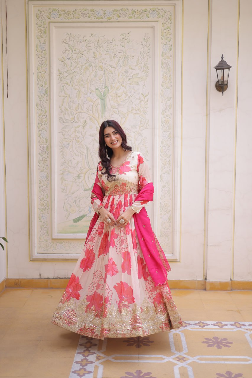 Pink Floral Russian Silk Anarkali Suit for Women