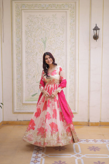 Pink Floral Russian Silk Anarkali Suit for Women