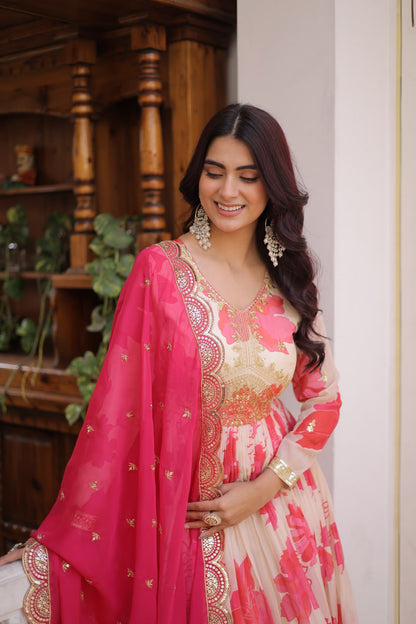 Pink Floral Russian Silk Anarkali Suit for Women