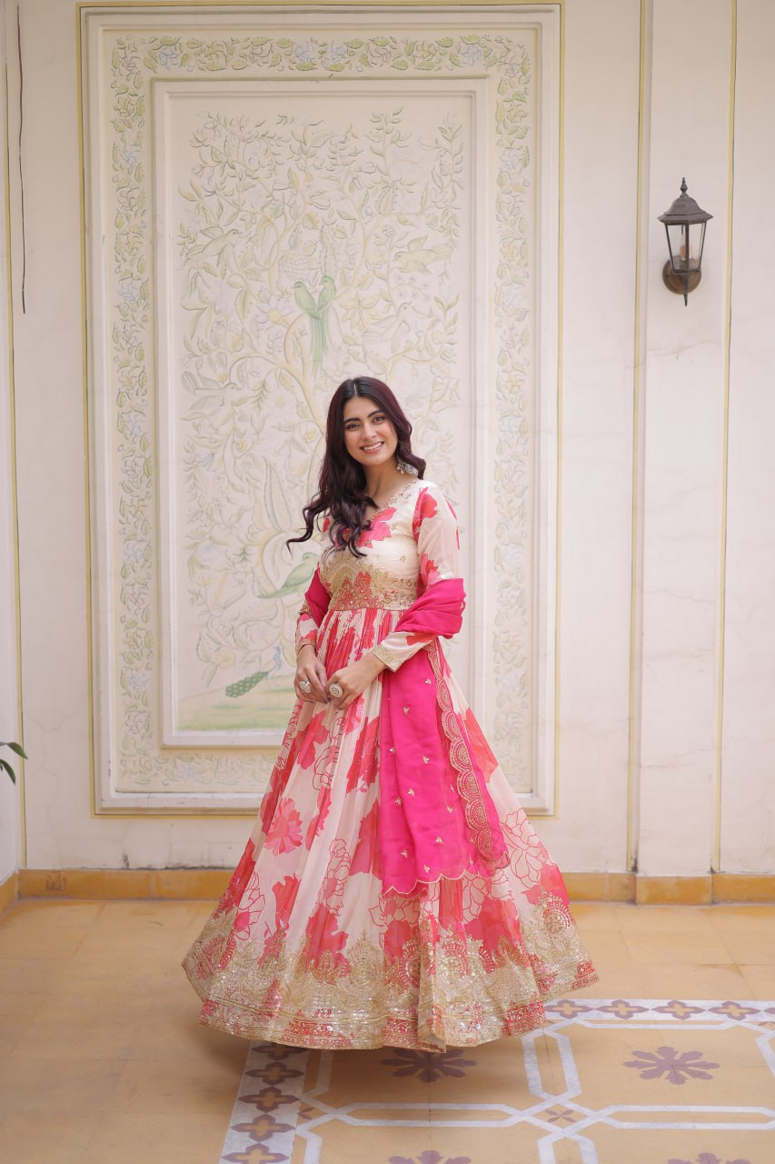 Pink Floral Russian Silk Anarkali Suit for Women