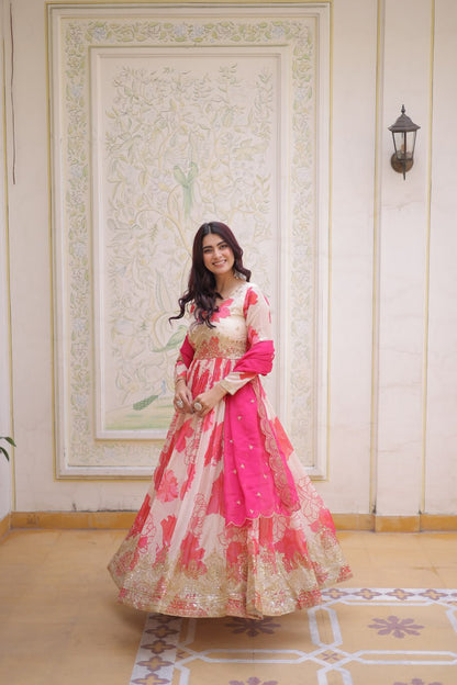 Pink Floral Russian Silk Anarkali Suit for Women
