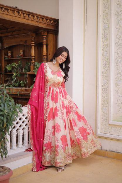 Pink Floral Russian Silk Anarkali Suit for Women