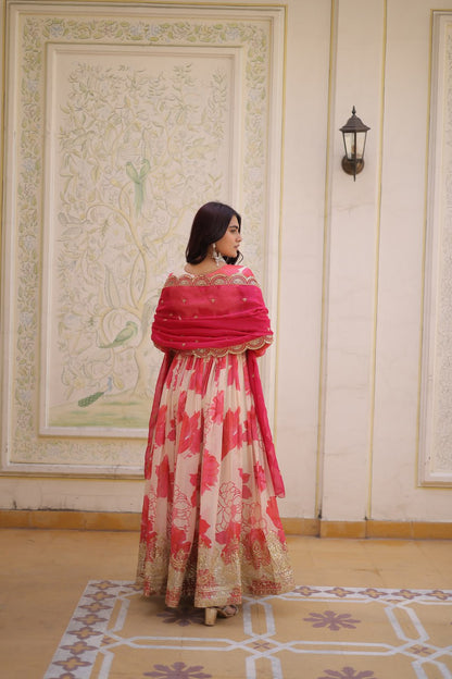 Pink Floral Russian Silk Anarkali Suit for Women