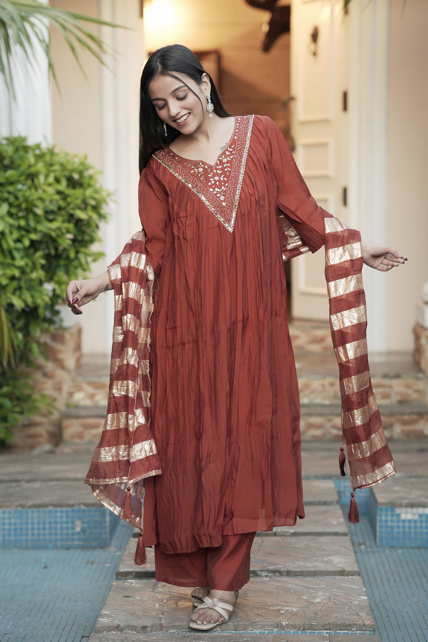 Chanderi Salwar Kameez Suit with Hand Work - Party Wear Suit