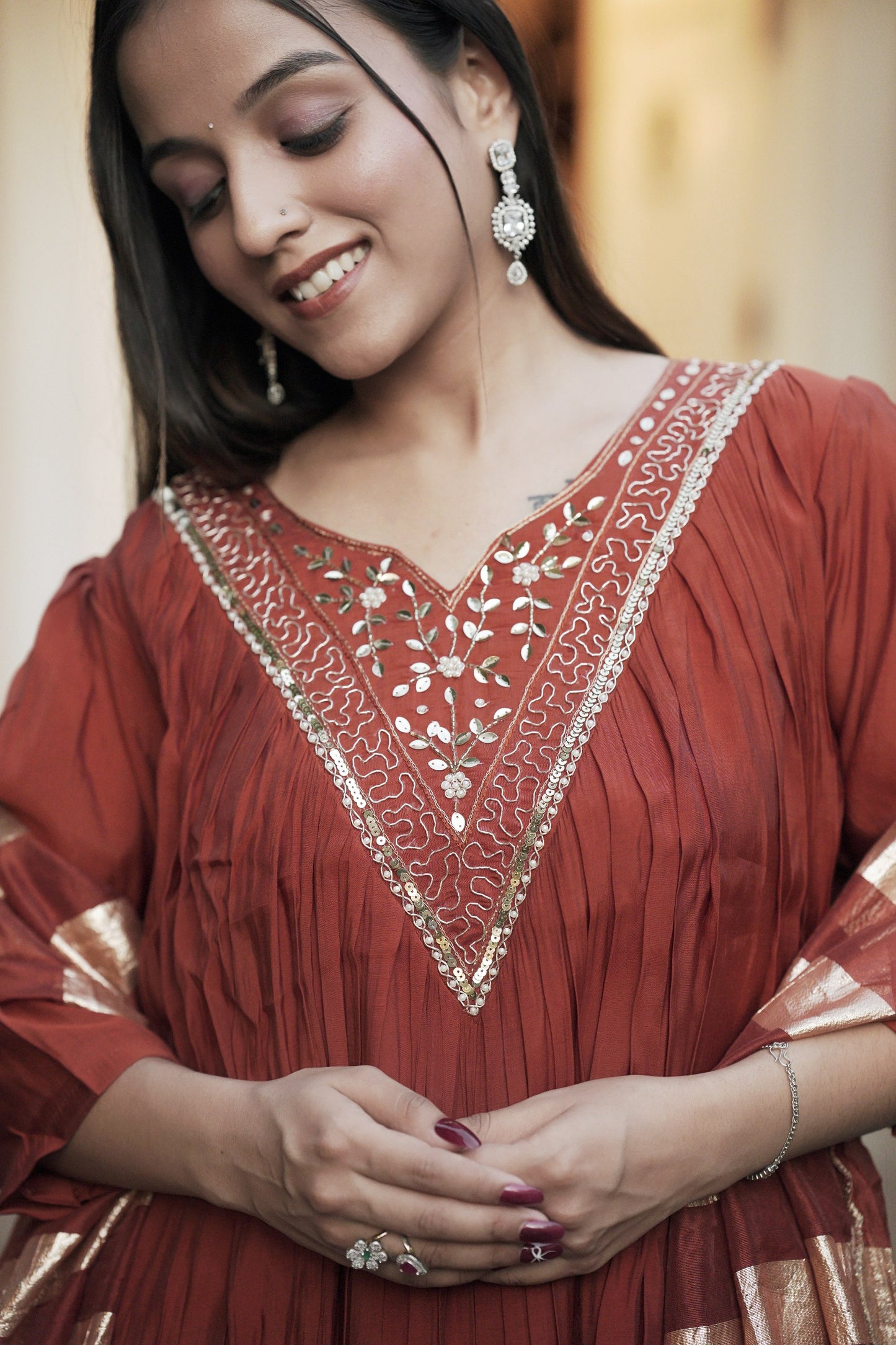 Chanderi Salwar Kameez Suit with Hand Work - Party Wear Suit