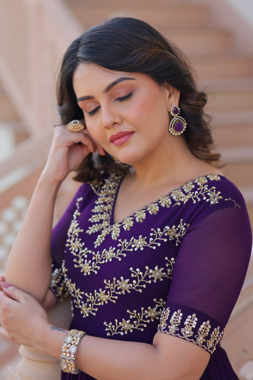 Designer Anarkali Gown with Sequins and Bead Embroidery