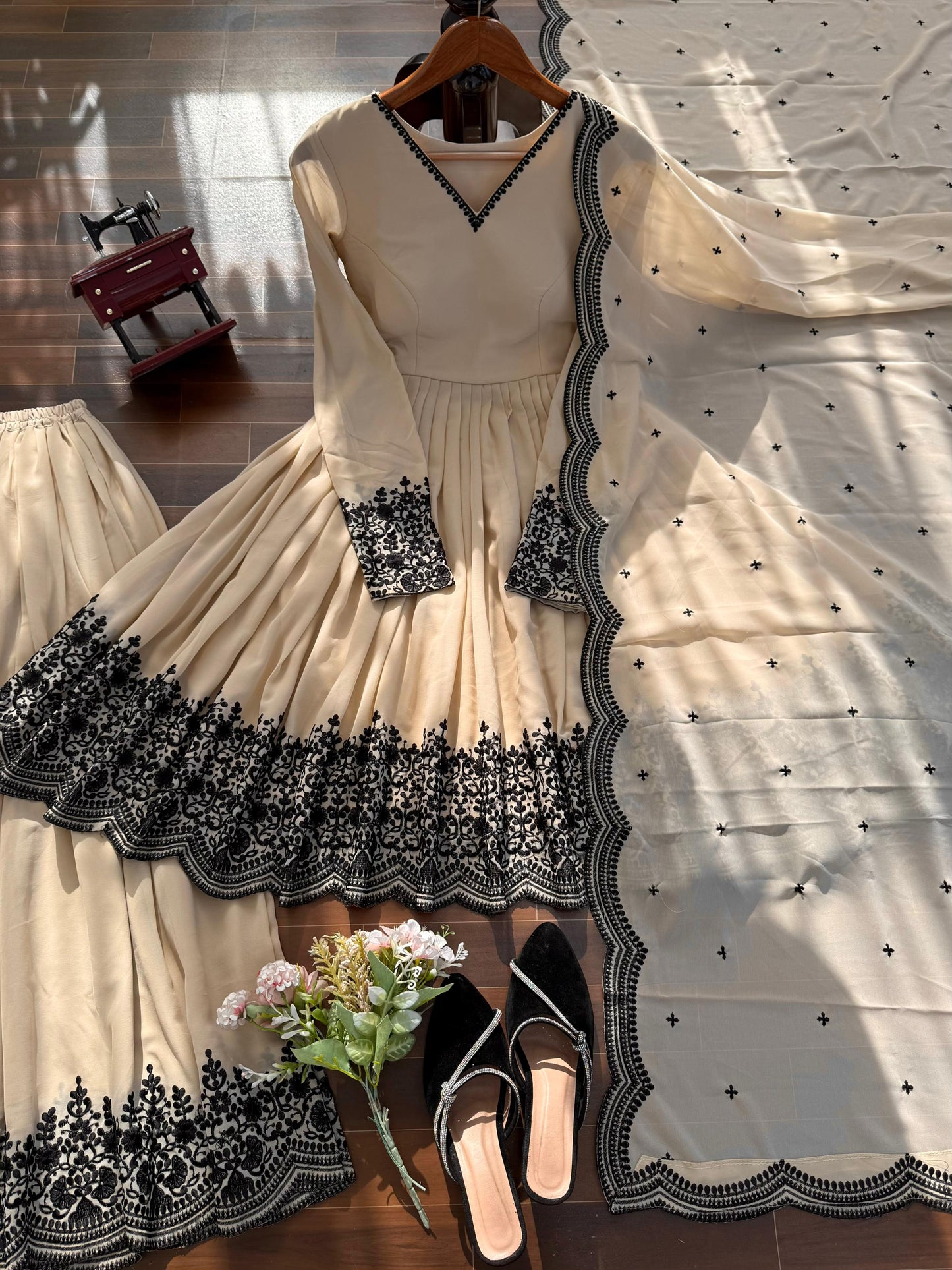 Cream Faux Georgette Embroidered Anarkali Palazzo Set