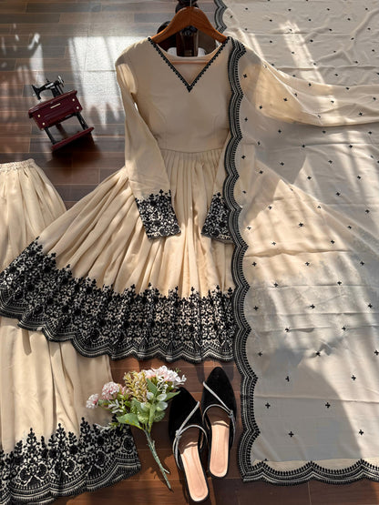 Cream Faux Georgette Embroidered Anarkali Palazzo Set