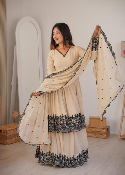 Cream Faux Georgette Embroidered Anarkali Palazzo Set