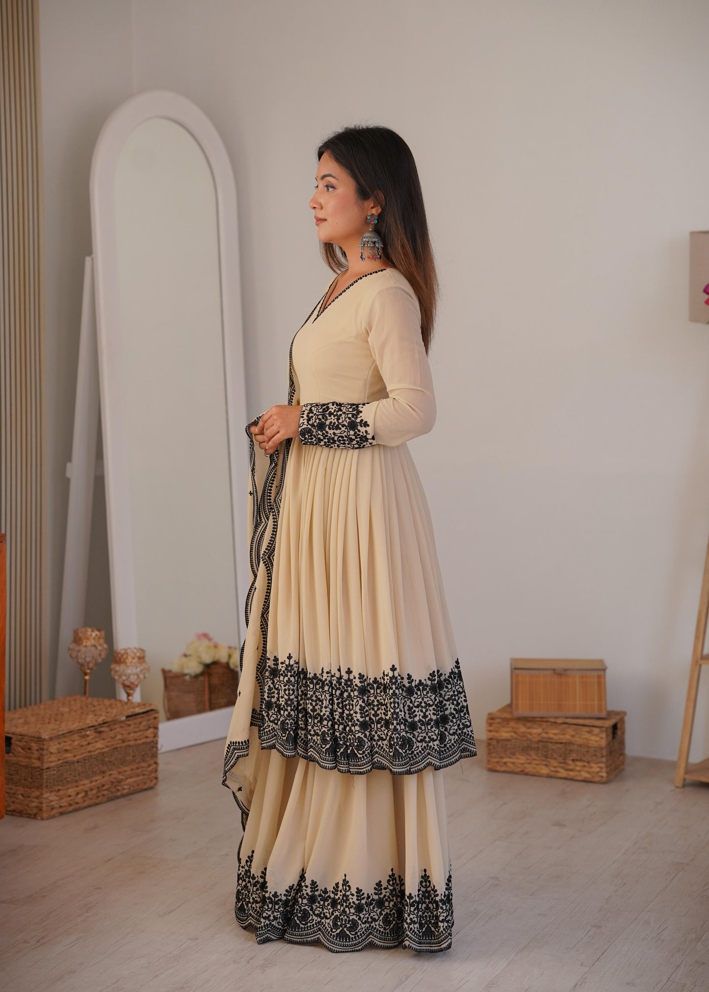 Cream Faux Georgette Embroidered Anarkali Palazzo Set
