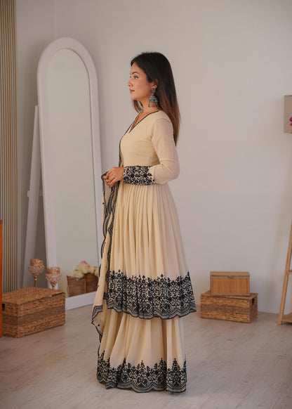 Cream Faux Georgette Embroidered Anarkali Palazzo Set