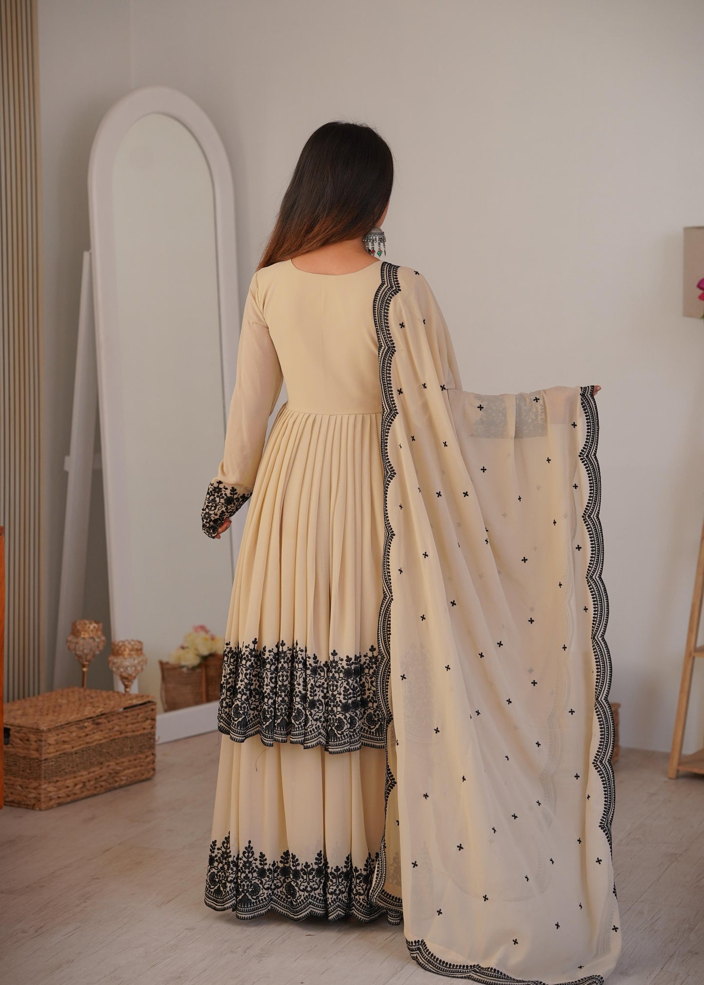 Cream Faux Georgette Embroidered Anarkali Palazzo Set