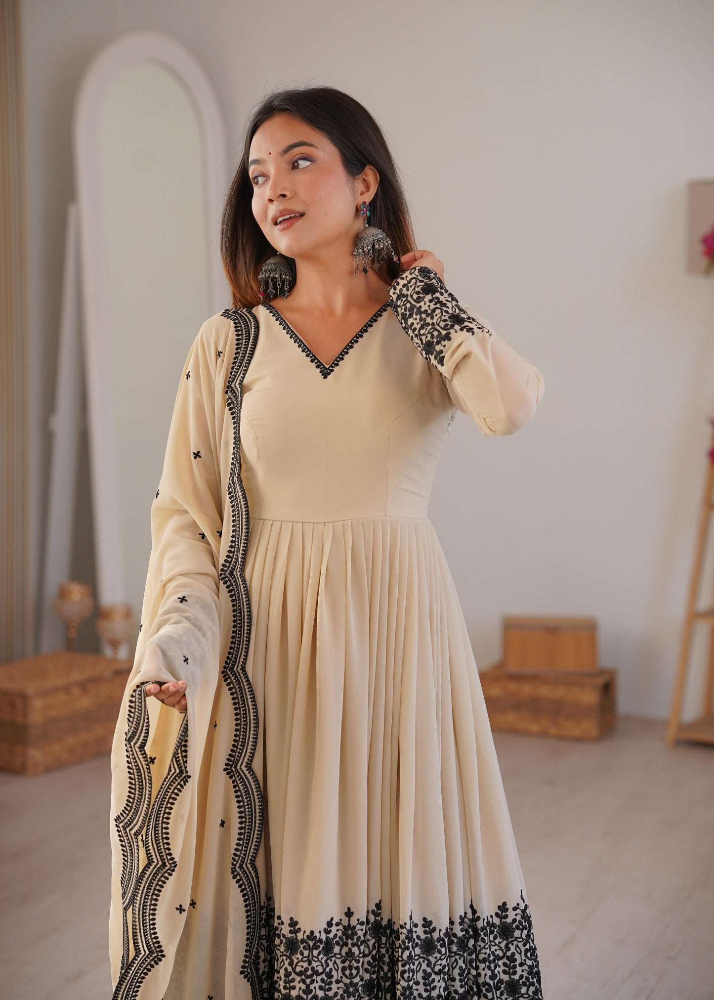 Cream Faux Georgette Embroidered Anarkali Palazzo Set