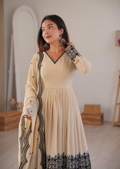 Cream Faux Georgette Embroidered Anarkali Palazzo Set