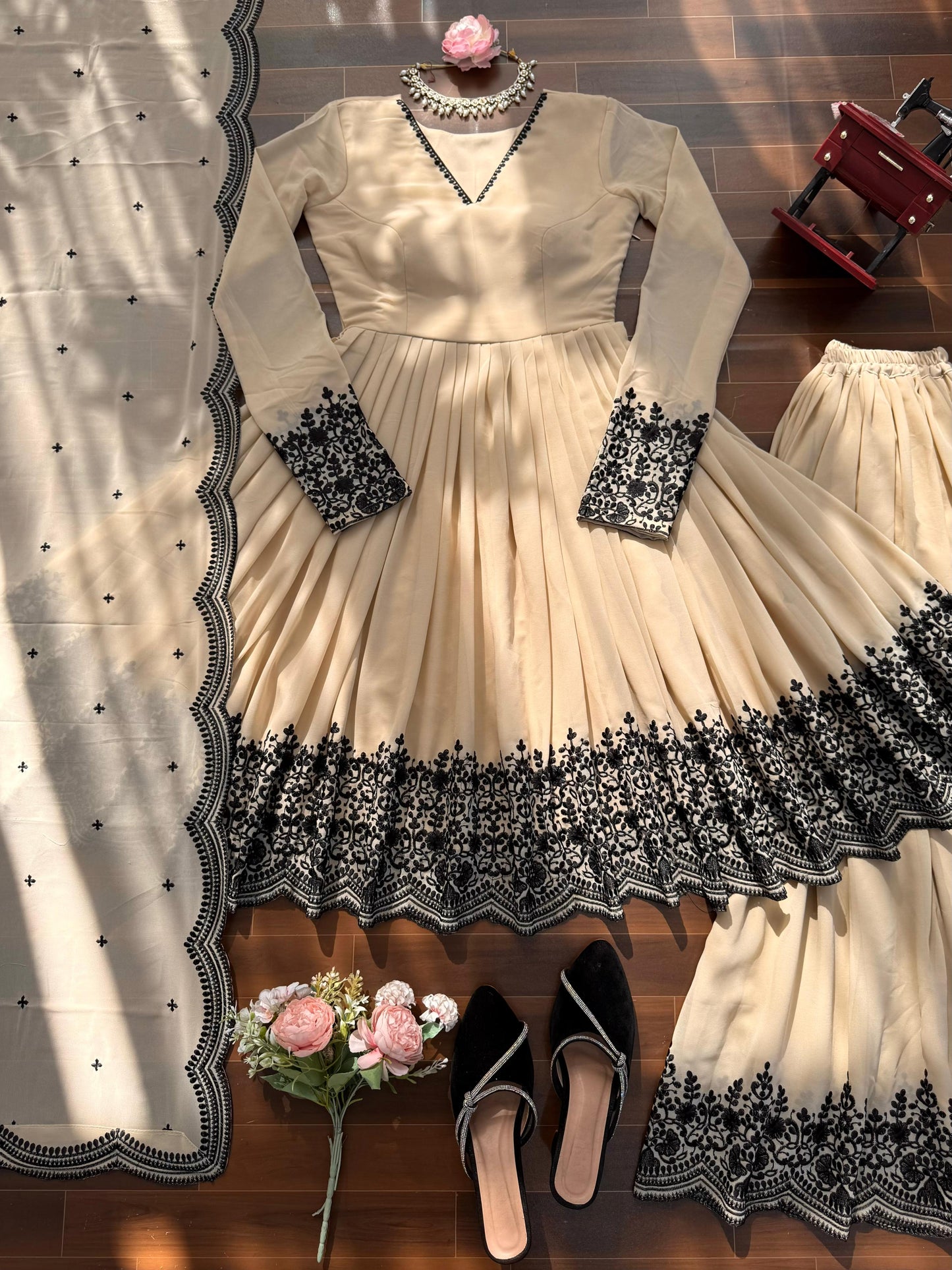 Cream Faux Georgette Embroidered Anarkali Palazzo Set