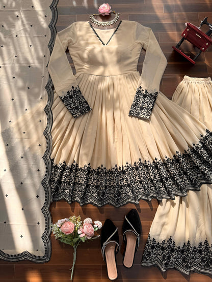 Cream Faux Georgette Embroidered Anarkali Palazzo Set