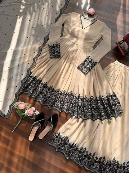 Cream Faux Georgette Embroidered Anarkali Palazzo Set
