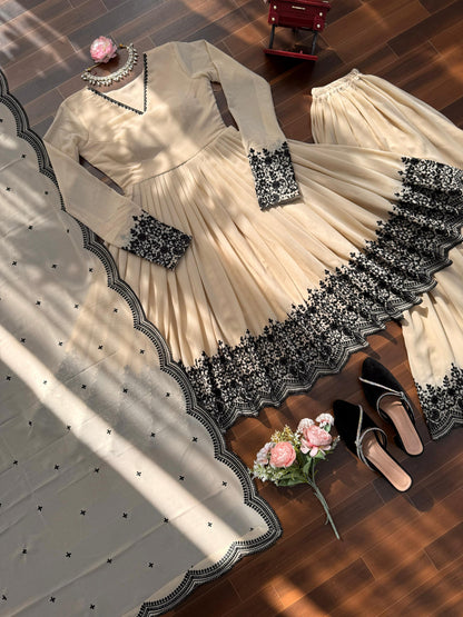 Cream Faux Georgette Embroidered Anarkali Palazzo Set