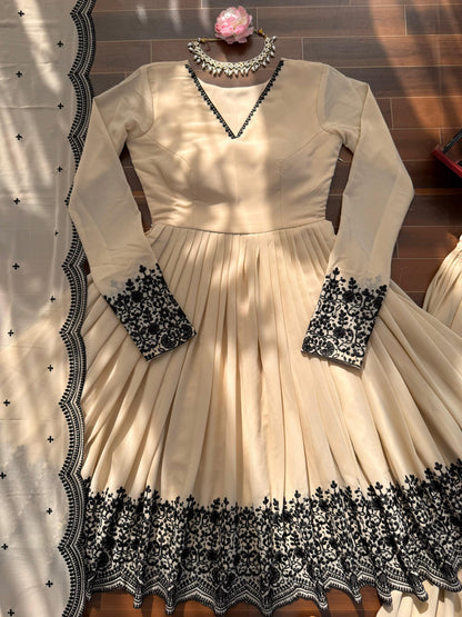 Cream Faux Georgette Embroidered Anarkali Palazzo Set