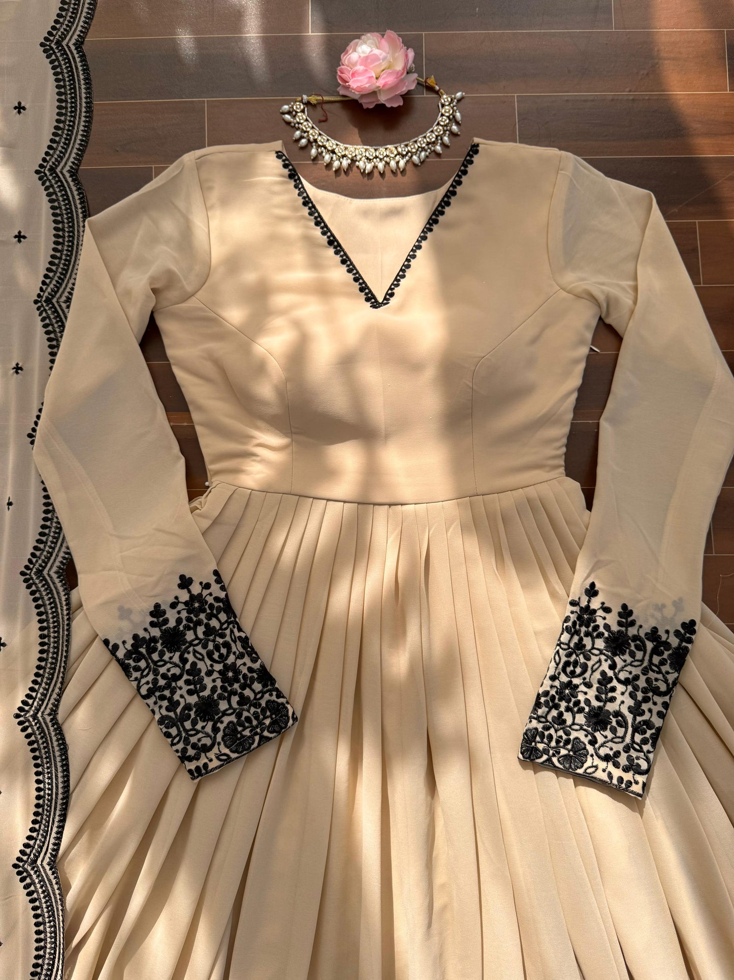 Cream Faux Georgette Embroidered Anarkali Palazzo Set