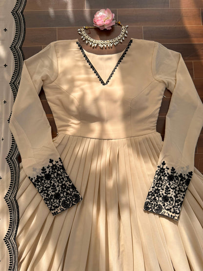 Cream Faux Georgette Embroidered Anarkali Palazzo Set