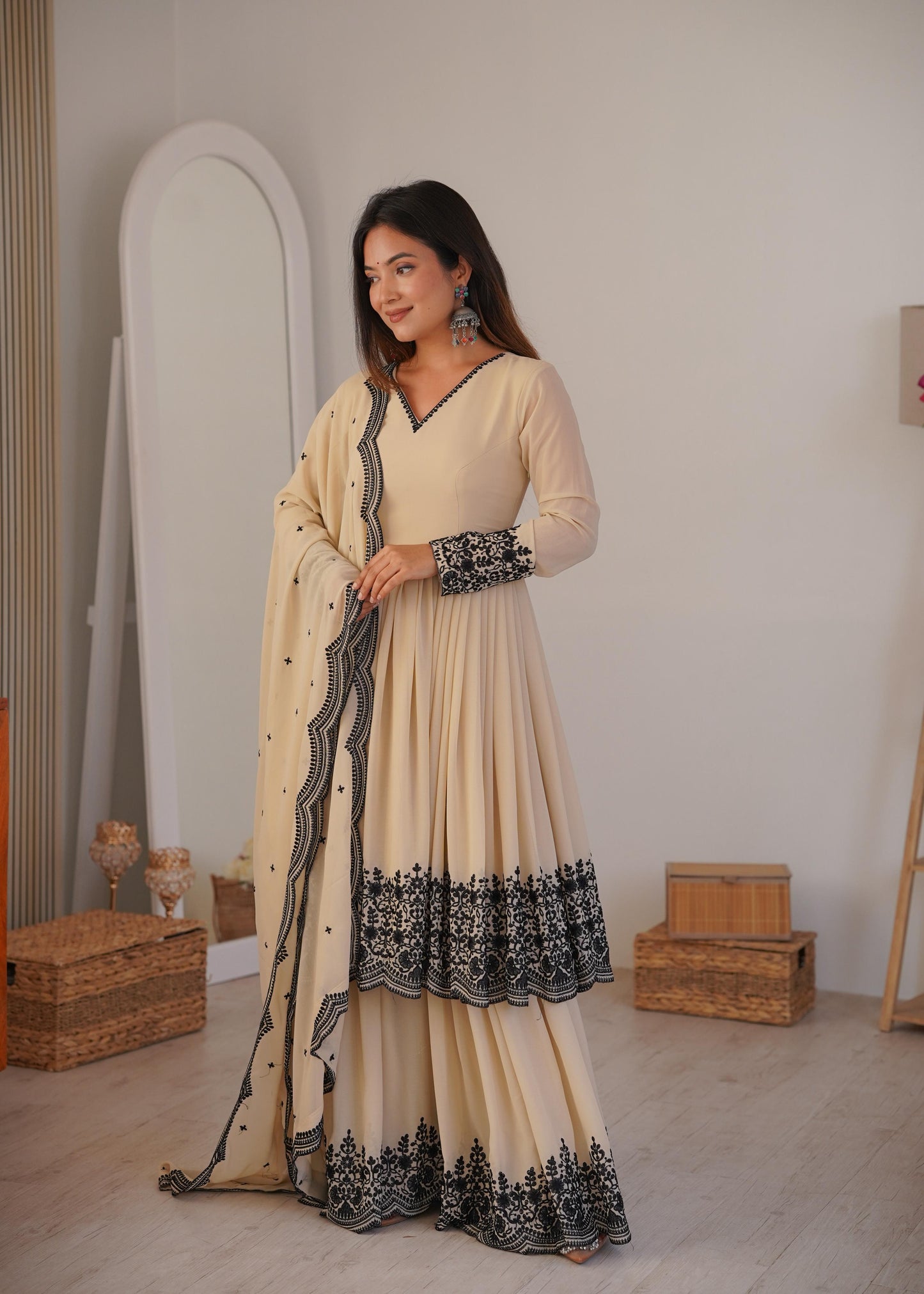 Cream Faux Georgette Embroidered Anarkali Palazzo Set