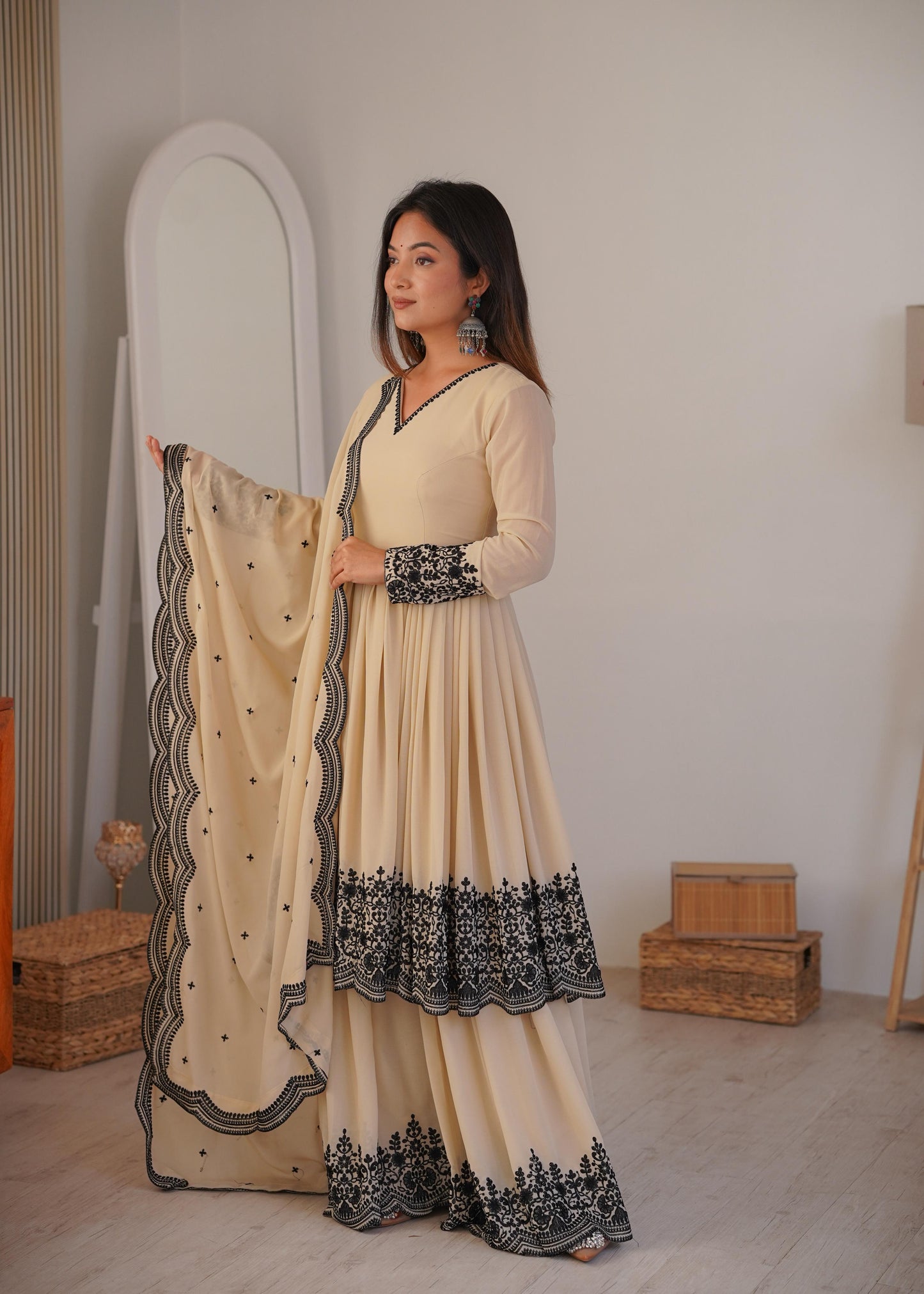 Cream Faux Georgette Embroidered Anarkali Palazzo Set