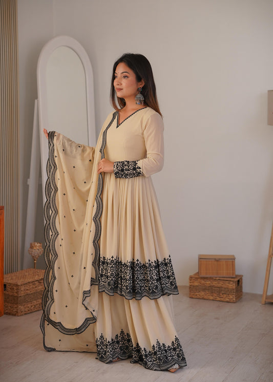 Cream Faux Georgette Embroidered Anarkali Palazzo Set