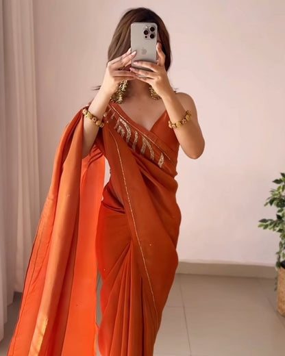 Rust Orange Ready to Wear Saree with Gota Work Blouse