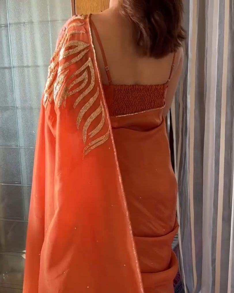 Rust Orange Ready to Wear Saree with Gota Work Blouse