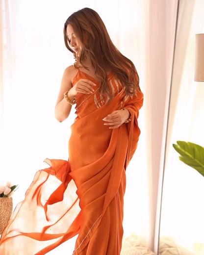 Rust Orange Ready to Wear Saree with Gota Work Blouse