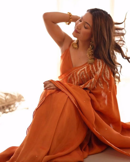 Rust Orange Ready to Wear Saree with Gota Work Blouse