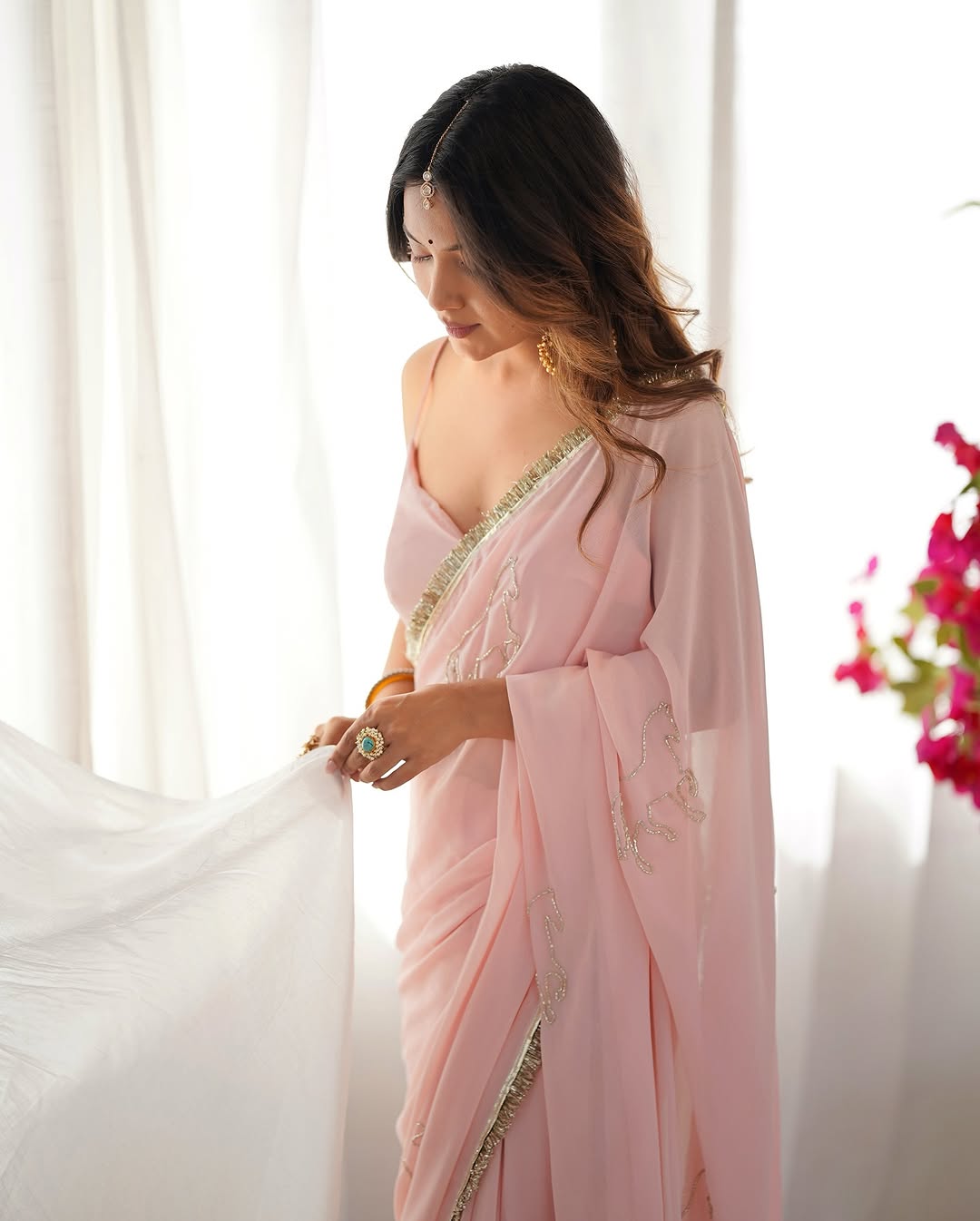 Blush Pink Georgette Ready to Wear Saree with Silver Border