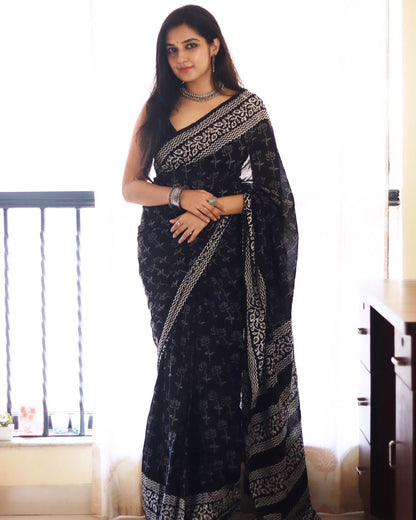 Black & White Floral Printed Linen Ready To Wear Saree