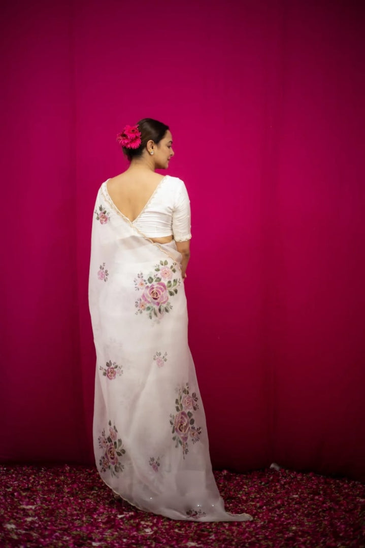 Floral Organza Ready to Wear Saree with Stitched Blouse